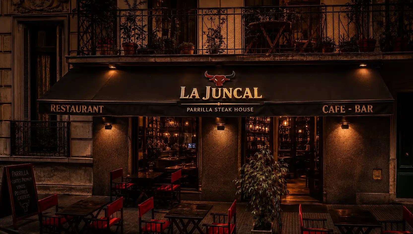 Fachada de La Juncal Restaurant Parrilla Steak House de noche en Recoleta