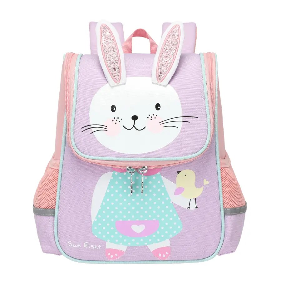 Sac à dos scolaire enfant SUN EIGHT réf. 2850 mauve et rose avec motif dinosaure et poches latérales