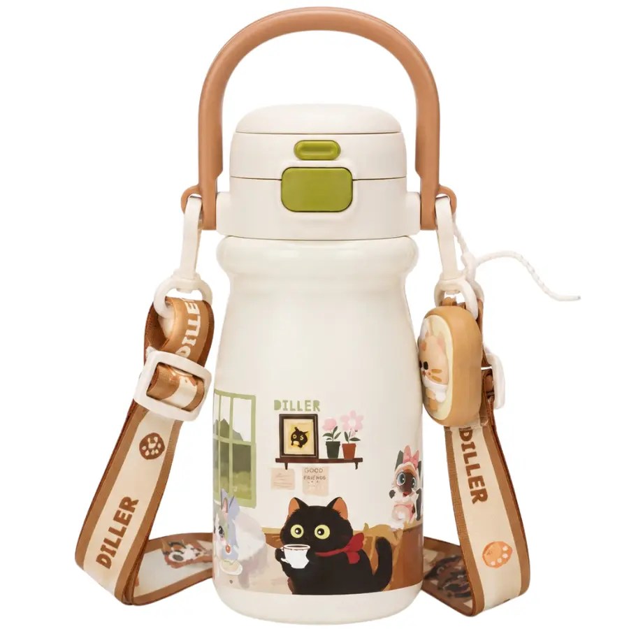 Gourde Diller pour enfant de couleur beige, décorée de motifs de chats, avec poignée et lanière de transport.