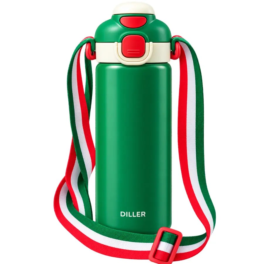 Gourde isotherme Diller verte avec bouchon sécurisé et bandoulière réglable rouge, blanche et verte.