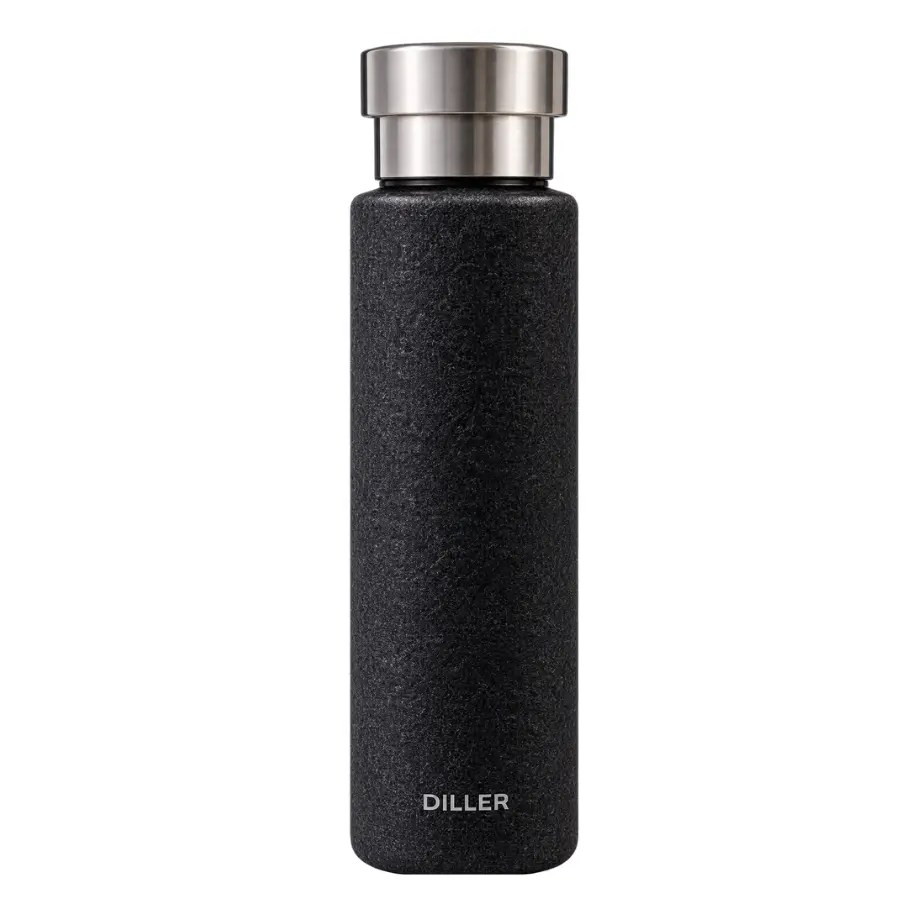 Gourde isotherme noire Diller avec finition texturée et bouchon en acier inoxydable.