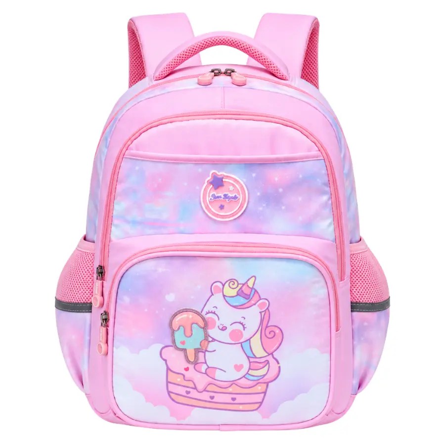 Sac à dos scolaire Élémentaire CE1/CE2 réf. 90215 rose avec motif licorne, poches avant zippées et poches latérales.
