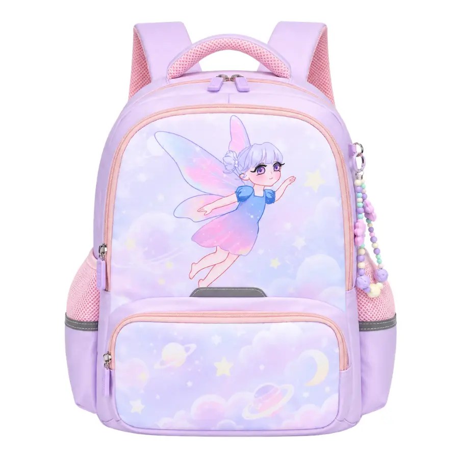 Sac à dos scolaire CE1/CE2 BNS-5032 violet avec motif fée, grande poche avant zippée et poches latérales.