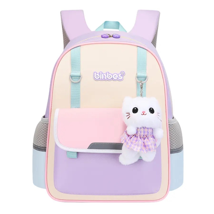 Sac à dos scolaire enfant A-30061 Violet avec poche avant et porte-clés peluche poupée