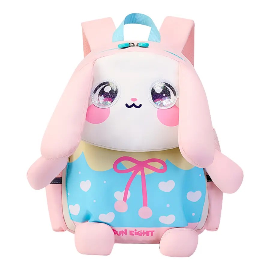 Sac à dos scolaire Moyenne Section SUN EIGHT 91006 rose en forme de lapin avec détails bleu clair et design 3D