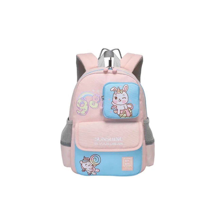 Sac à dos scolaire enfant B-3535 rose avec détails bleu clair, poches avant et poches latérales