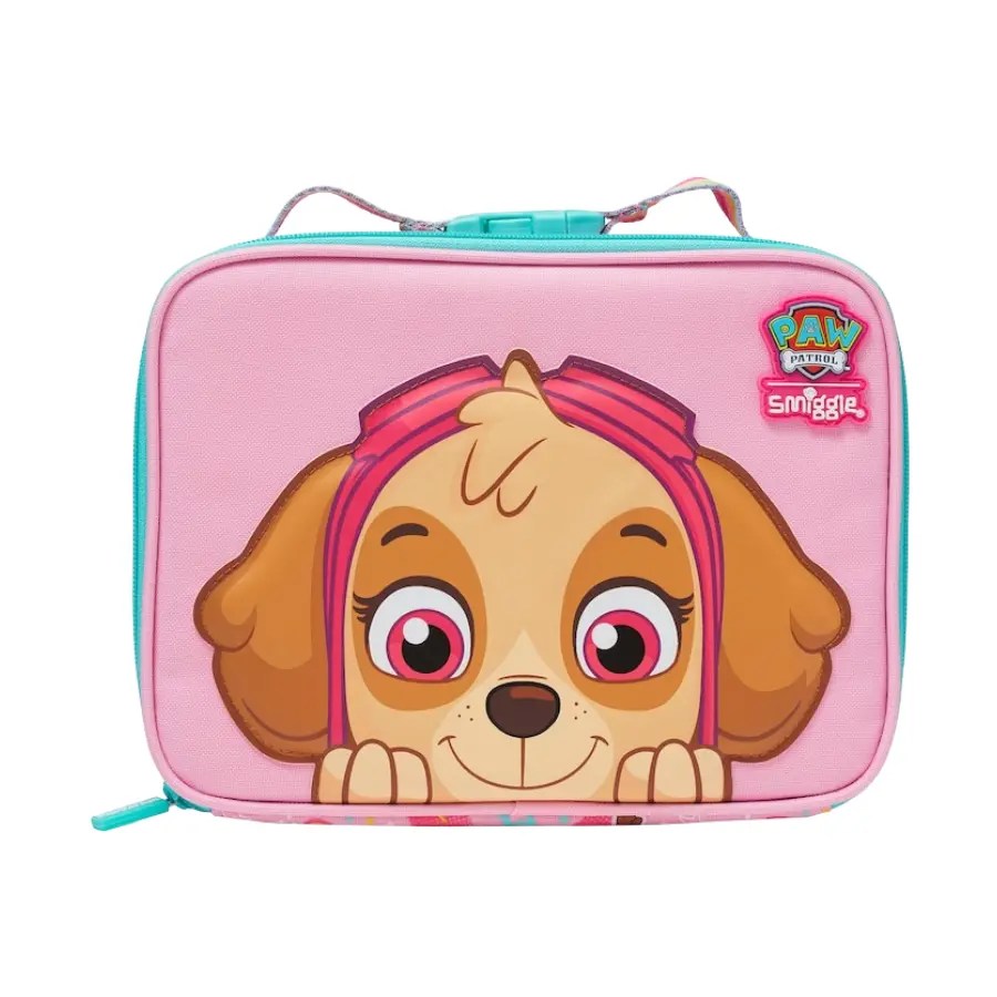 Lunch bag isotherme rose Pat’ Patrouille avec Skye, fermeture turquoise et poignée de transport.