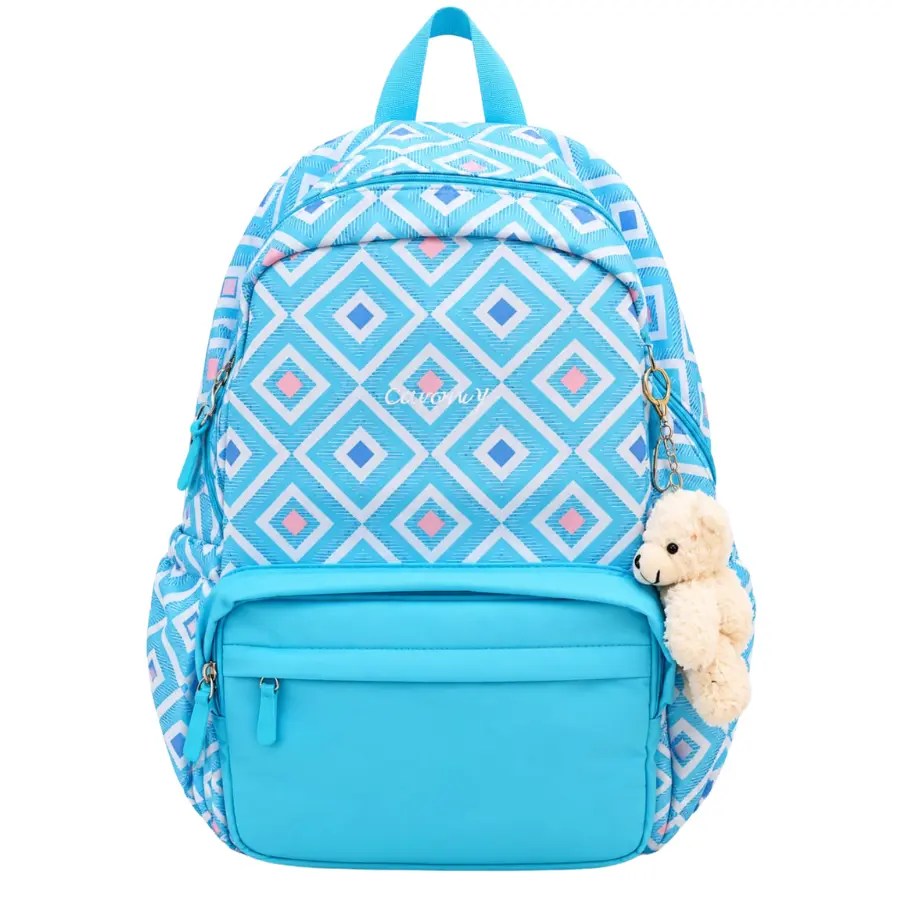 Sac à dos scolaire Canony référence 90029 bleu losange avec motifs géométriques blancs et roses, poche avant turquoise et porte-clés ourson, disponible chez LaKavern.