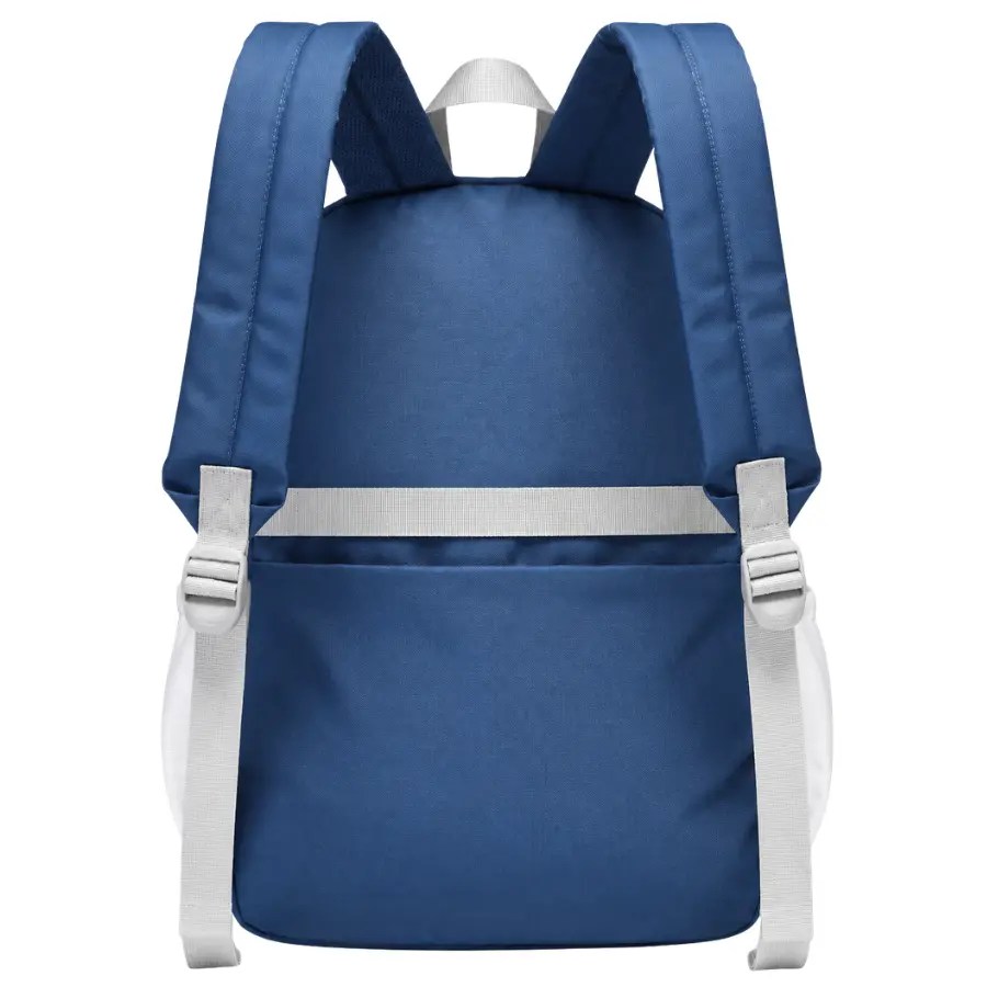 Vue arrière du sac à dos scolaire BINBES B-3505 bleu et blanc avec bretelles rembourrées réglables, poignée supérieure et sangle dorsale.