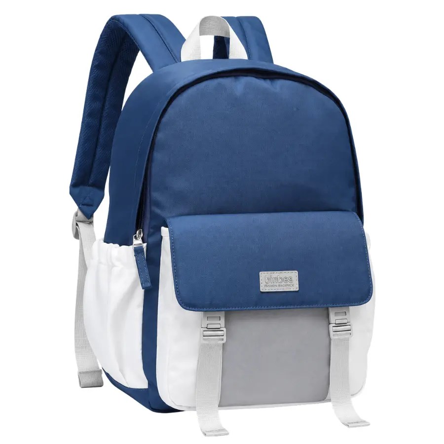 Vue de profil du sac à dos scolaire BINBES B-3505 bleu et blanc avec poche latérale élastique, compartiment principal et bretelles réglables.