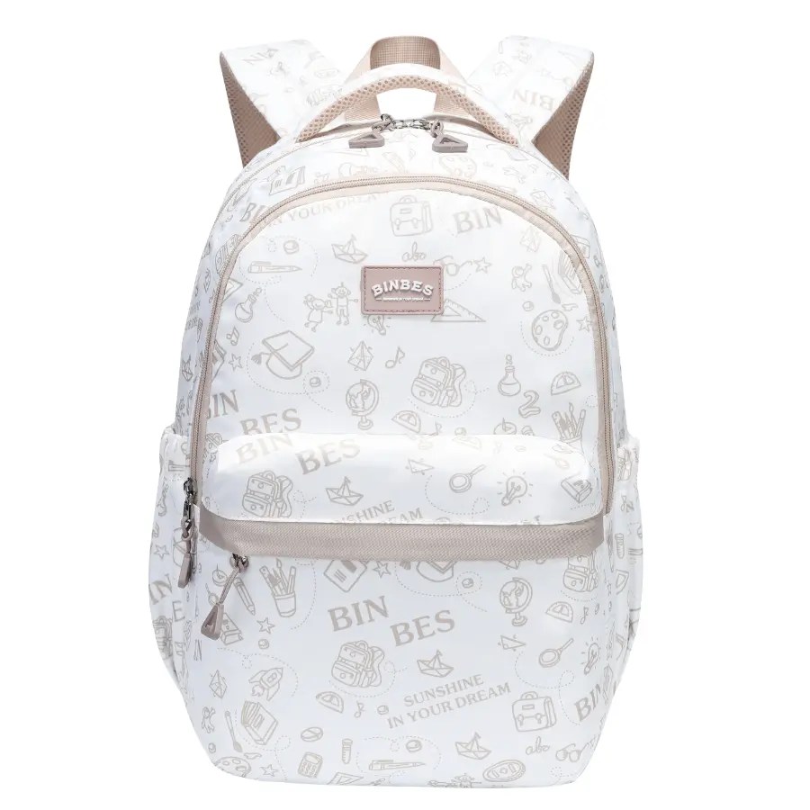 Sac à dos scolaire BINBES B-3503 beige kaki avec motifs scolaires, vue de face