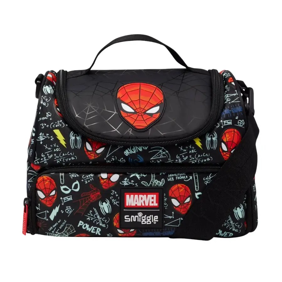 Lunch bag isotherme SMIGGLE Marvel Spider-Man noir, vue de face avec bandoulière et motifs Spider-Man.