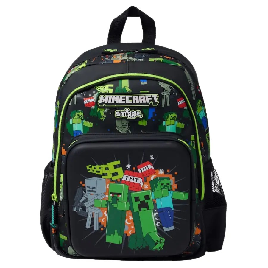 Sac à dos scolaire SMIGGLE Minecraft noir pour enfant de Grande Section et CI, avec personnages Creeper, zombies, squelettes et poches latérales.