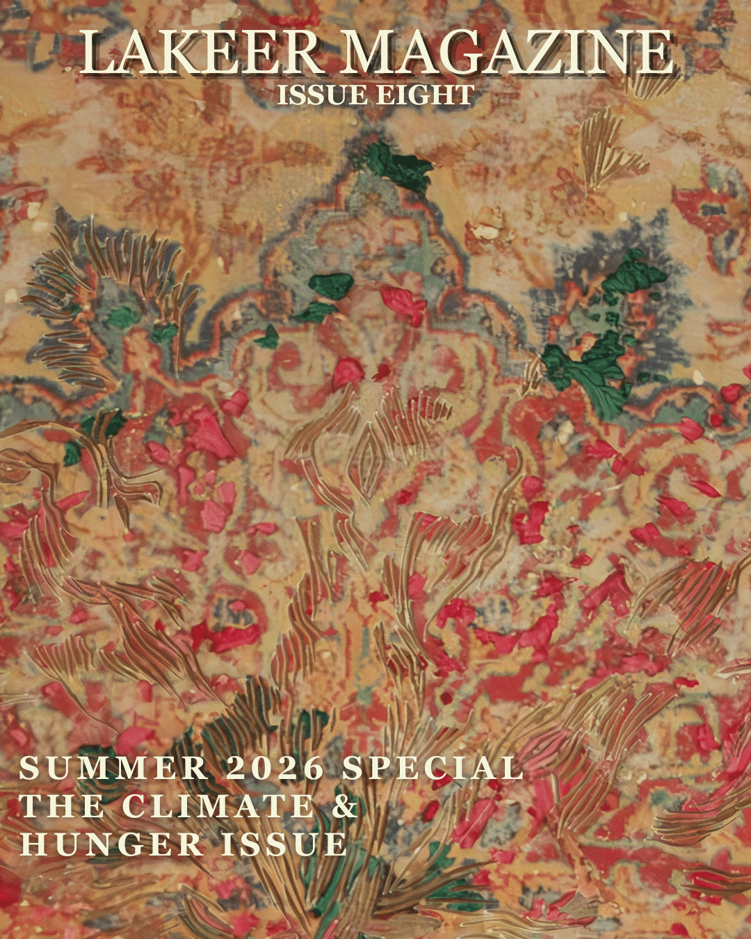 Cover of Issue Eight, by Iman Ahmed. It shows a floral pattern on a carpet.