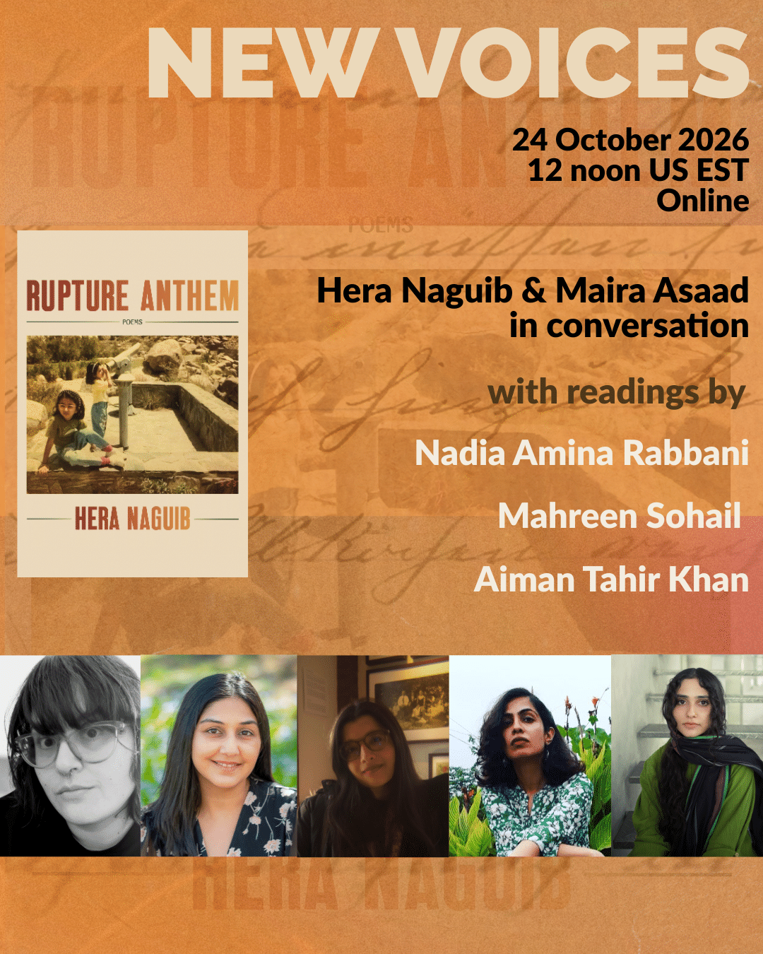 Poster for Hera Naguib's online event for her poetry collection Rupture Anthem