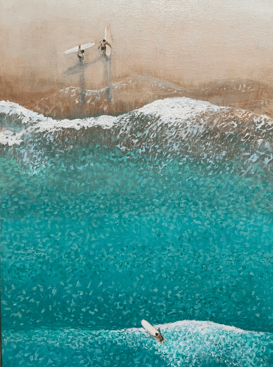 Between Sets original acrylic painting by LaLita King featuring an aerial view of turquoise waves, white seafoam, and three surfers along a sandy shoreline.