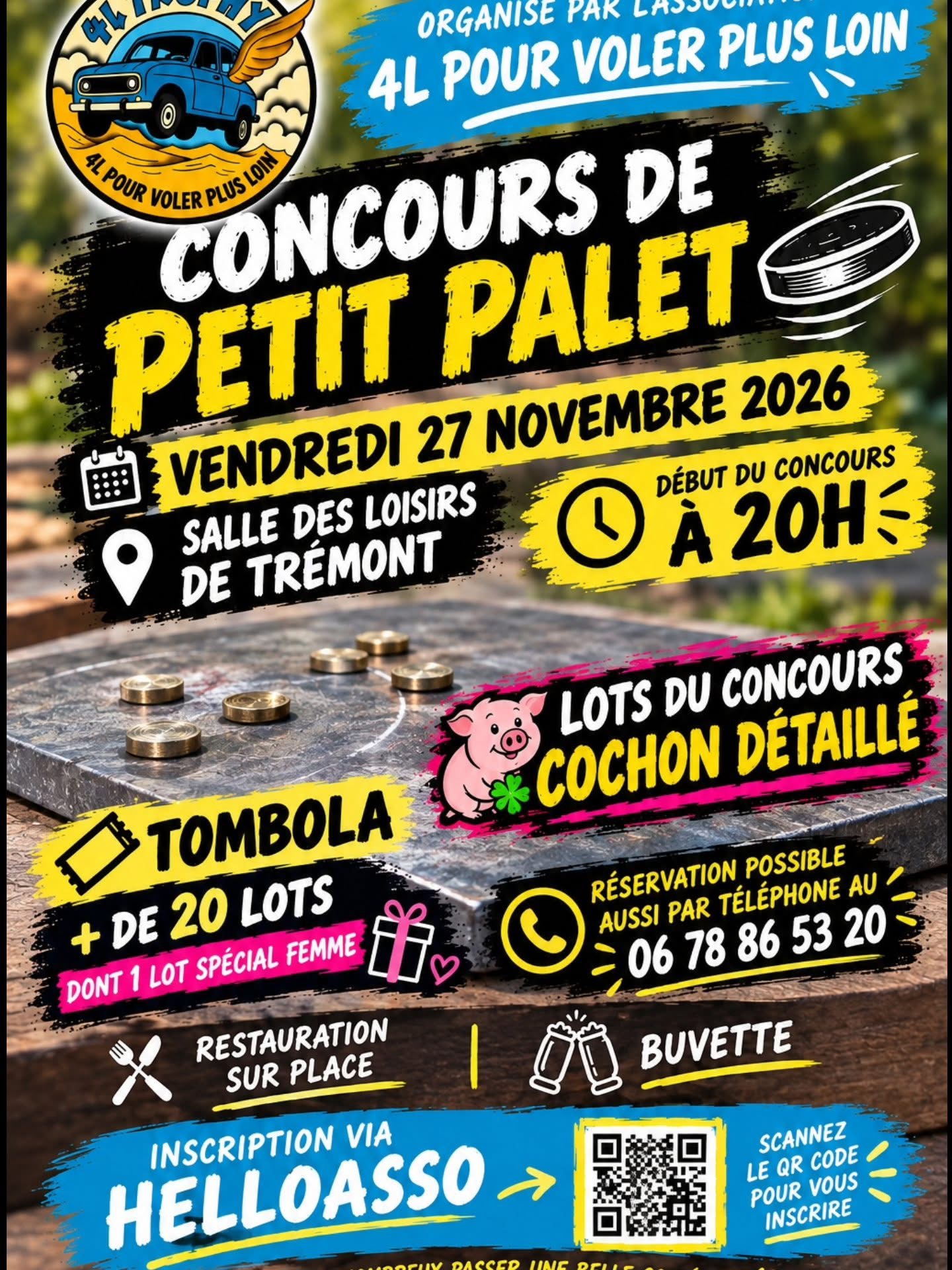 Affiche du concours de petits palets organisé par l’association 4Lpourvolerplusloin à Trémont, vendredi 27 novembre 2026, dans le cadre de la préparation du 4L Trophy 2027. | 4Lpourvolerplusloin
