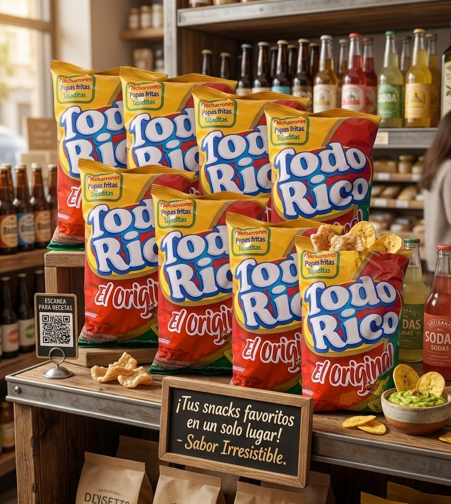 Lamarranita Com lamarranita Com stack of todo rico snack bags red and yellow on a wooden display in a shop with a chalkboard sign promising irresistible flavors and nearby bowls of dip and chips
