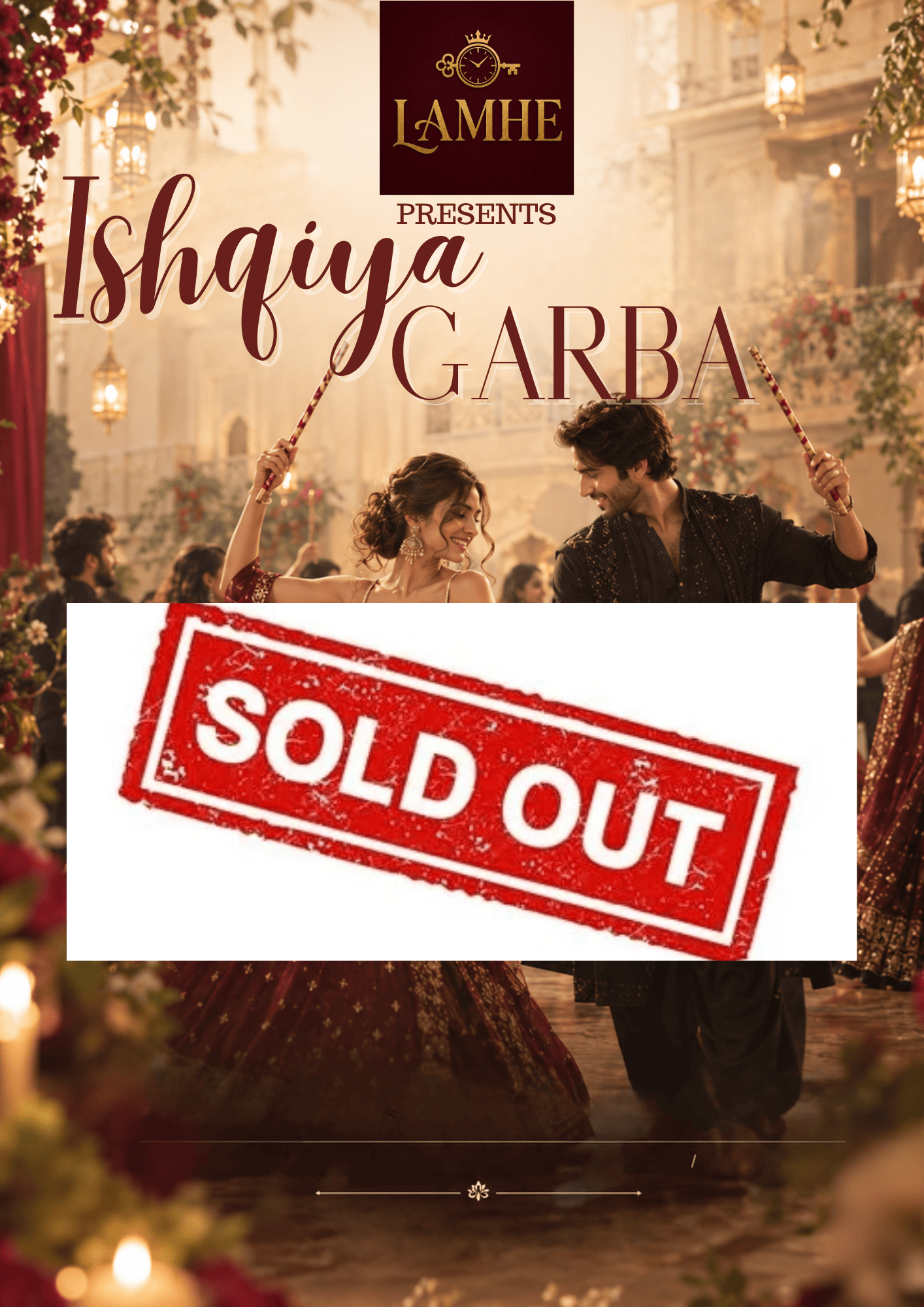 Ishqiya Garba poster: a couple in red and black festive lehenga and kurta dancing garba with garba sticks raised, under string lights