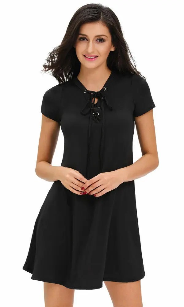 Ladies Lace-up Plunge V-neck Skater Swing Eyelet Flared Mini Dress