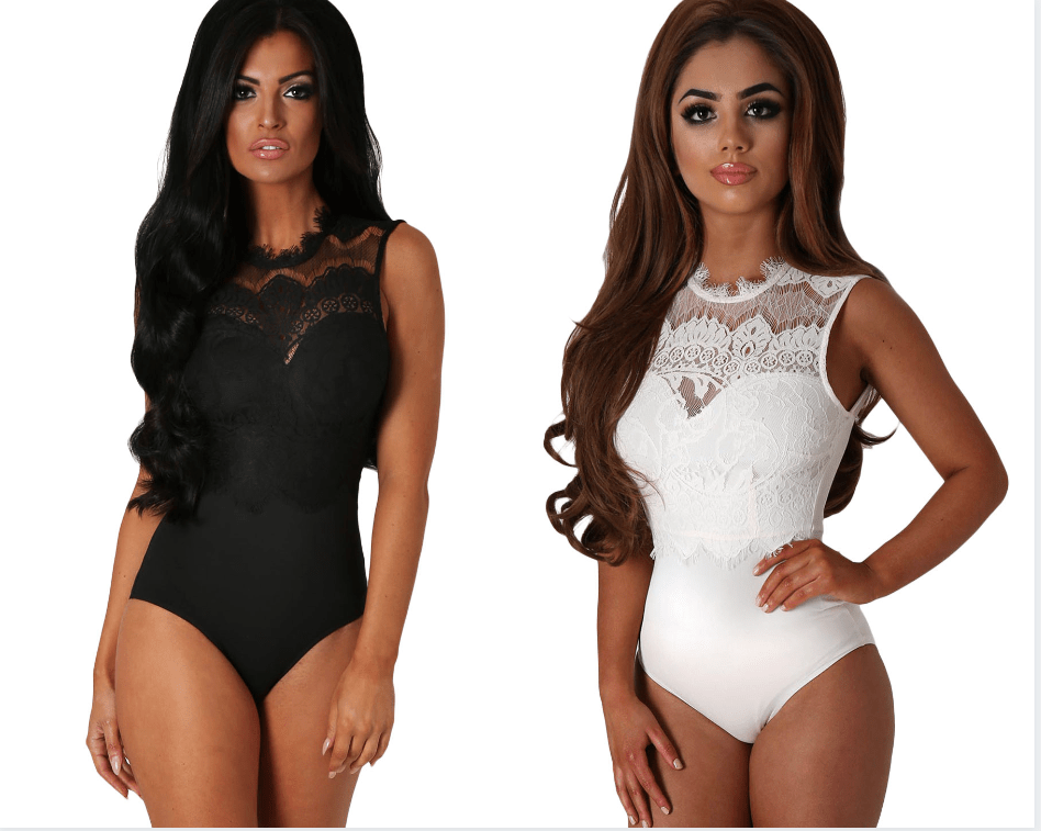 Womens Black White High Neck Cut Out Back Lace Body Suit