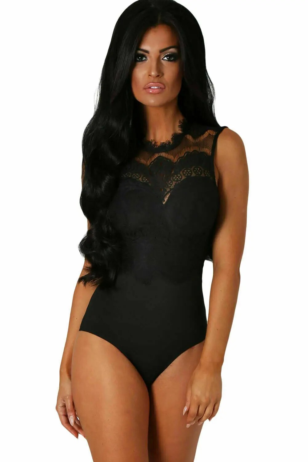 Womens Black White High Neck Cut Out Back Lace Body Suit - Image 3