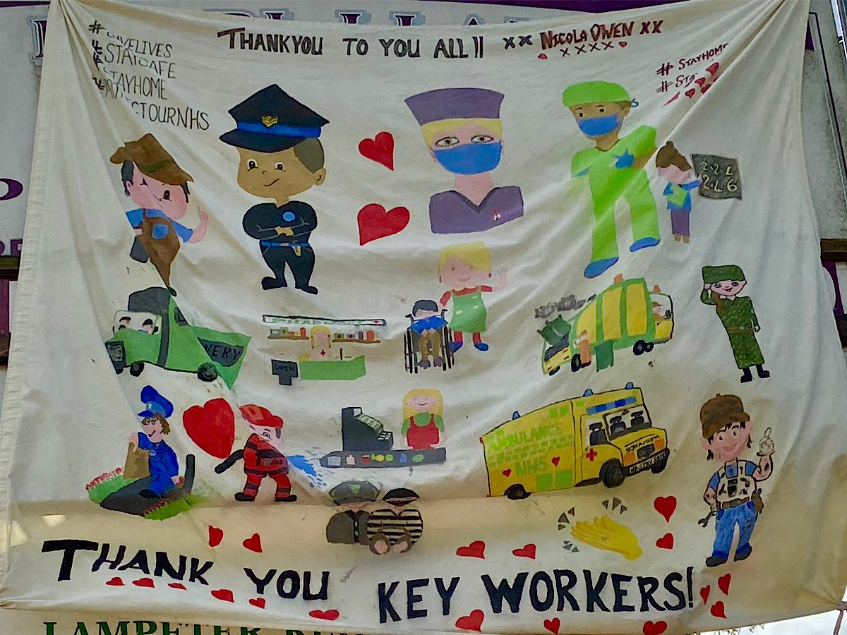 An amazing banner with images of lots of different key workers and at the top it says 'Thank You to all xx Nichola Owen' and at the bottom the words 'THANK YOU KEY WORKERS' with lots of red hearts
