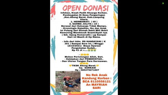 Open donasi korban begal Lampura. Foto: Istimewa