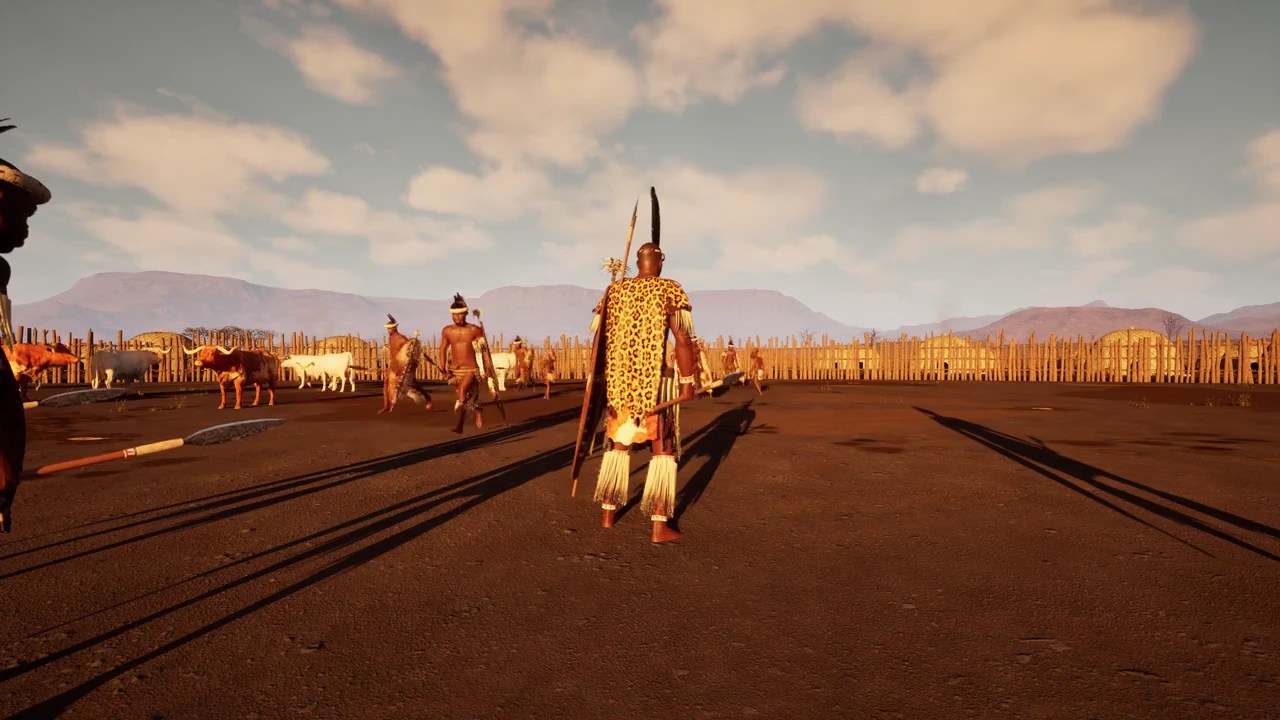Shaka and warriors in a fenced kraal with cattle and mountains beyond.