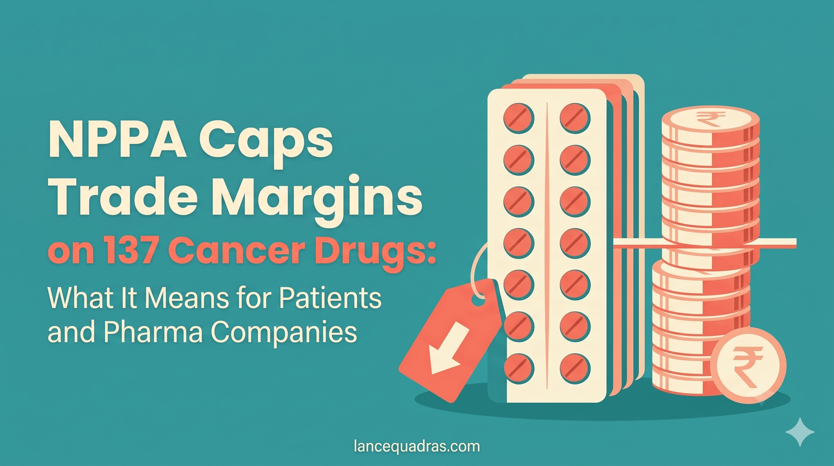 Medicine packs and a falling price tag beside a capped stack of coins, illustrating the cap on cancer drug trade margins