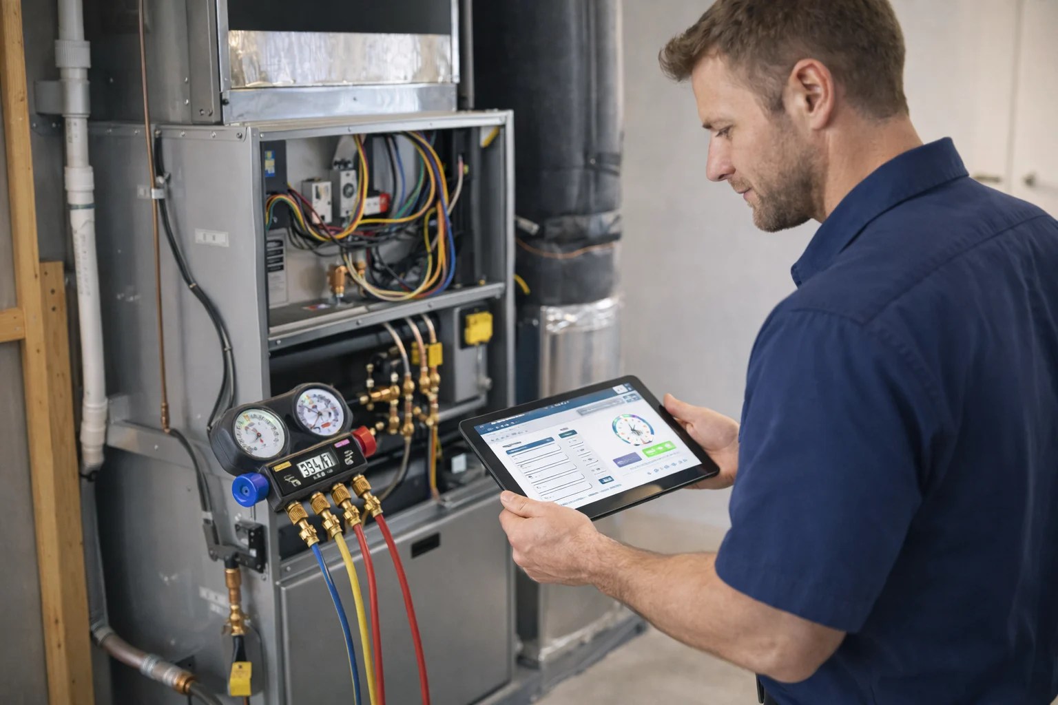 HVAC technician verifying system performance and final readings before completing service