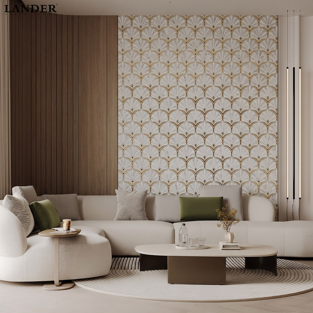 Bianco Carrara and Guangxi White Marble and Metal Waterjet Mosaic Tile