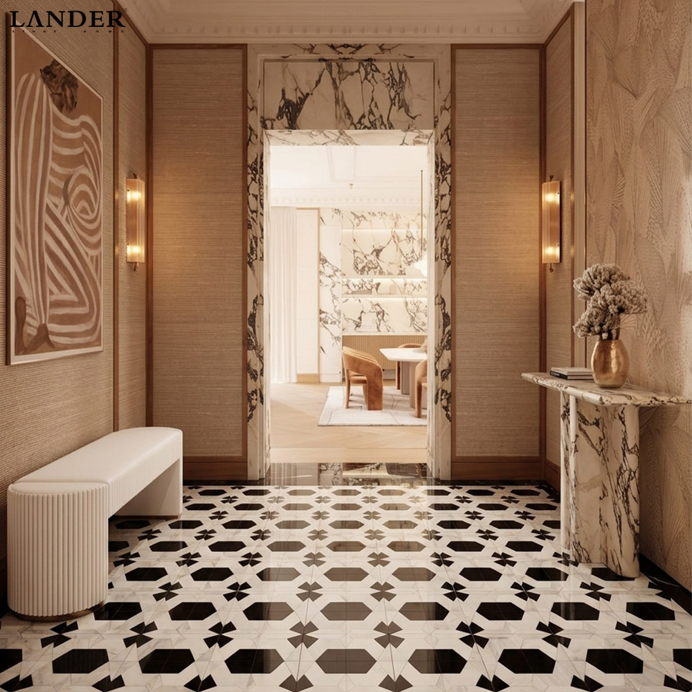 Nero Marquina and Guangxi White Marble Parquet