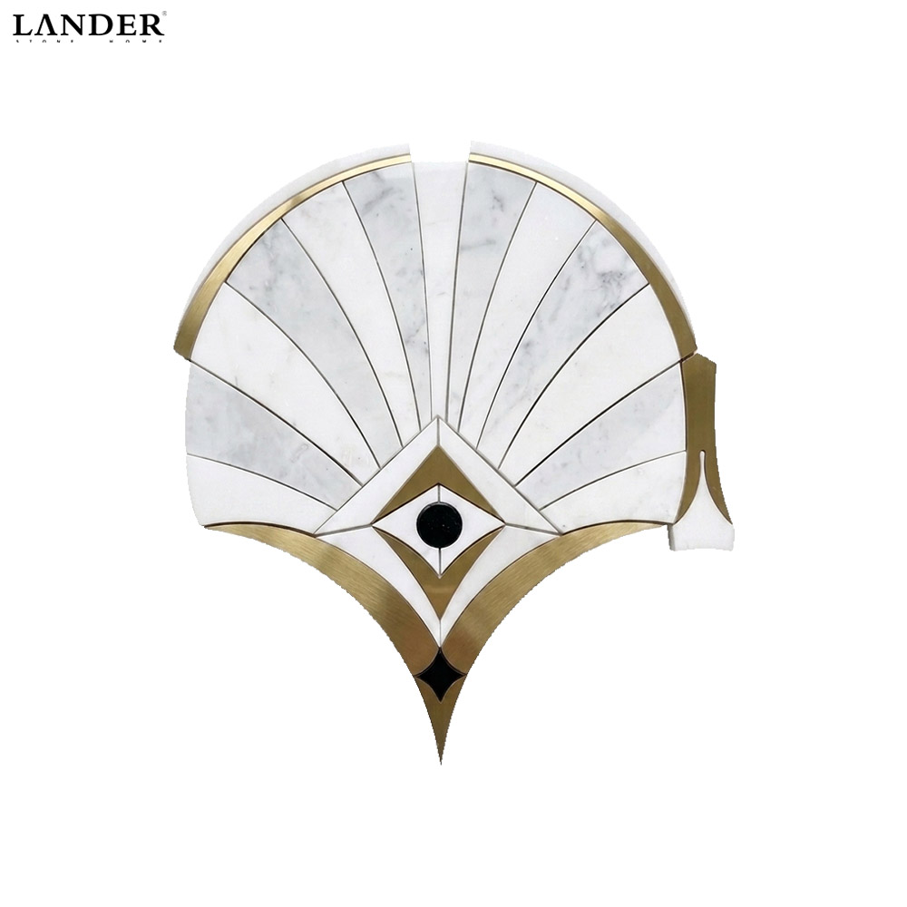 Bianco Carrara and Guangxi White Marble and Metal Waterjet Mosaic Tile