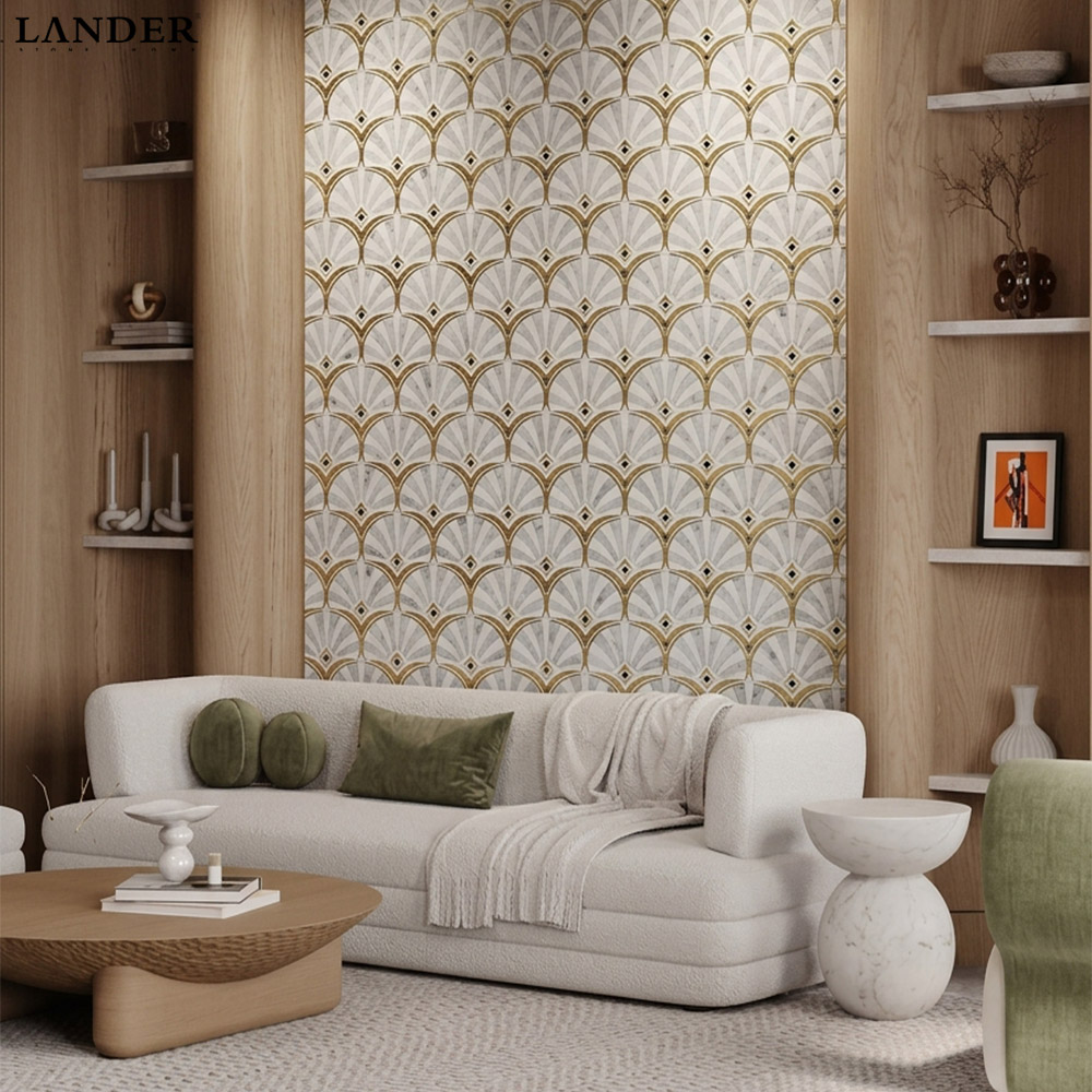 Bianco Carrara and Guangxi White Marble and Metal Waterjet Mosaic Tile