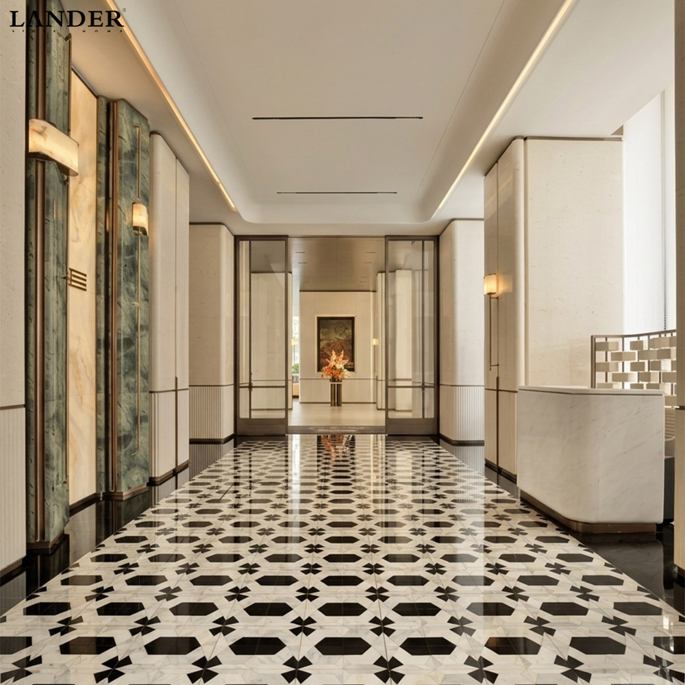 Nero Marquina and Guangxi White Marble Parquet