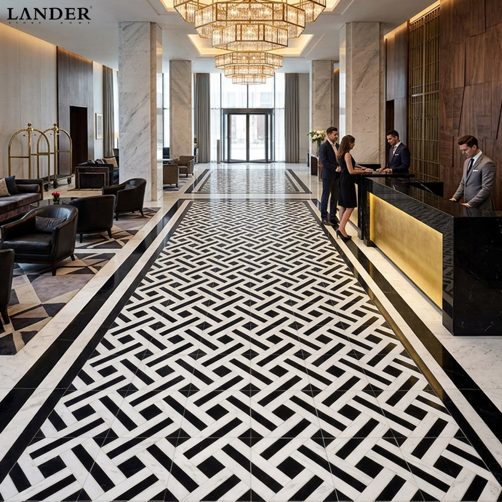Nero Marquina and Guangxi White Marble Thin Flooring