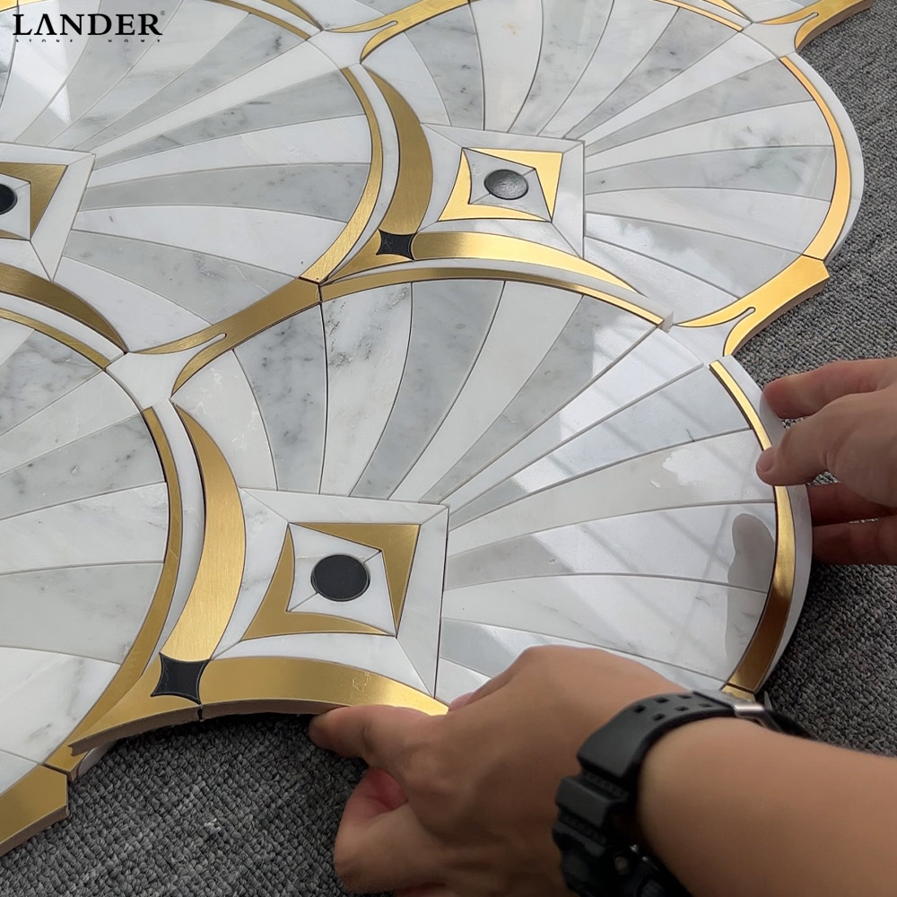Bianco Carrara and Guangxi White Marble and Metal Waterjet Mosaic Tile