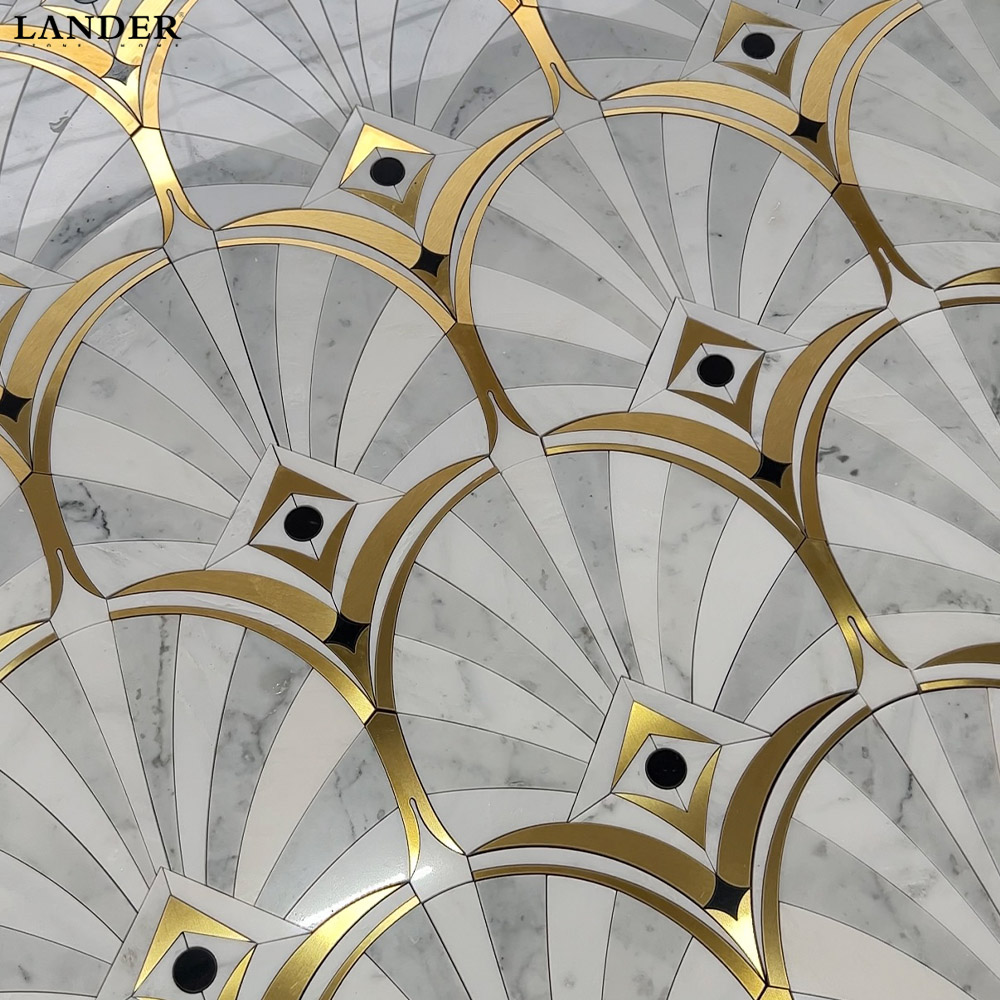 Bianco Carrara and Guangxi White Marble and Metal Waterjet Mosaic Tile