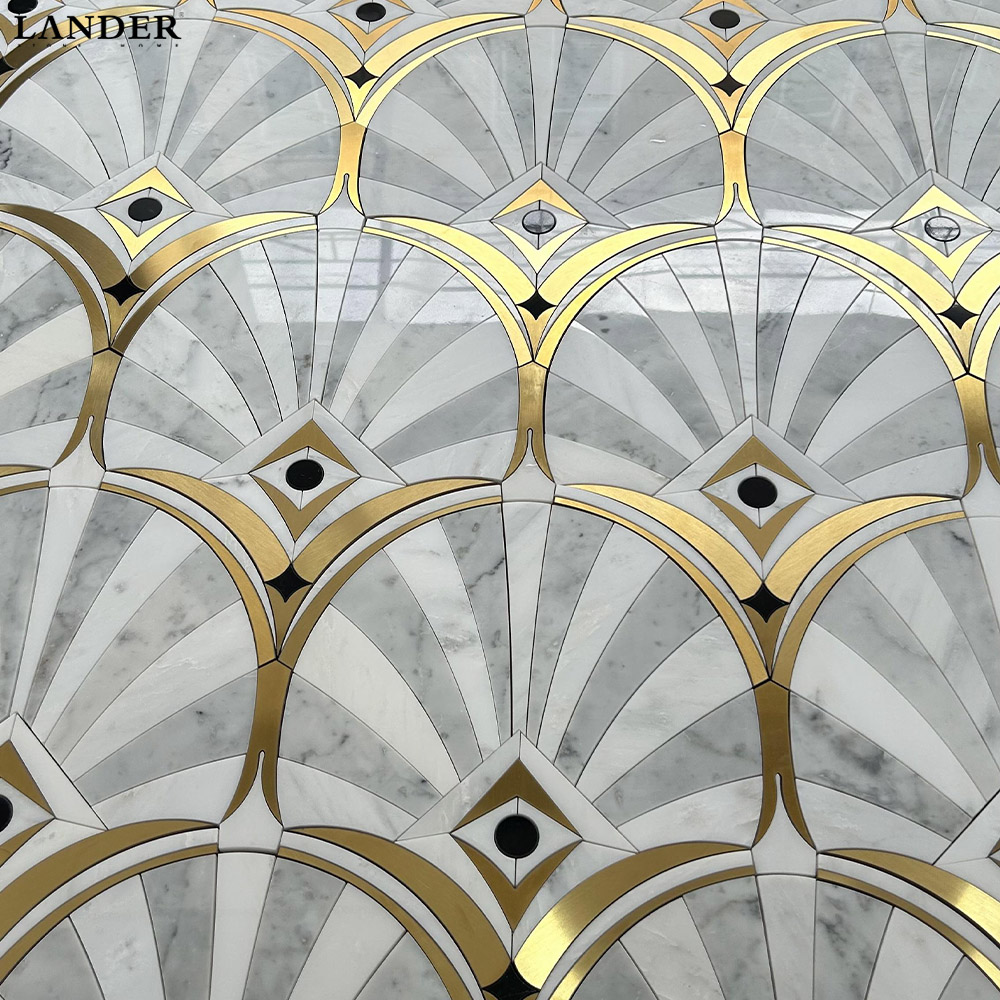 Bianco Carrara and Guangxi White Marble and Metal Waterjet Mosaic Tile