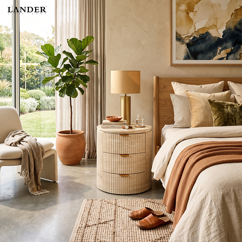 Beige Travertine Side Table With Three Drawers