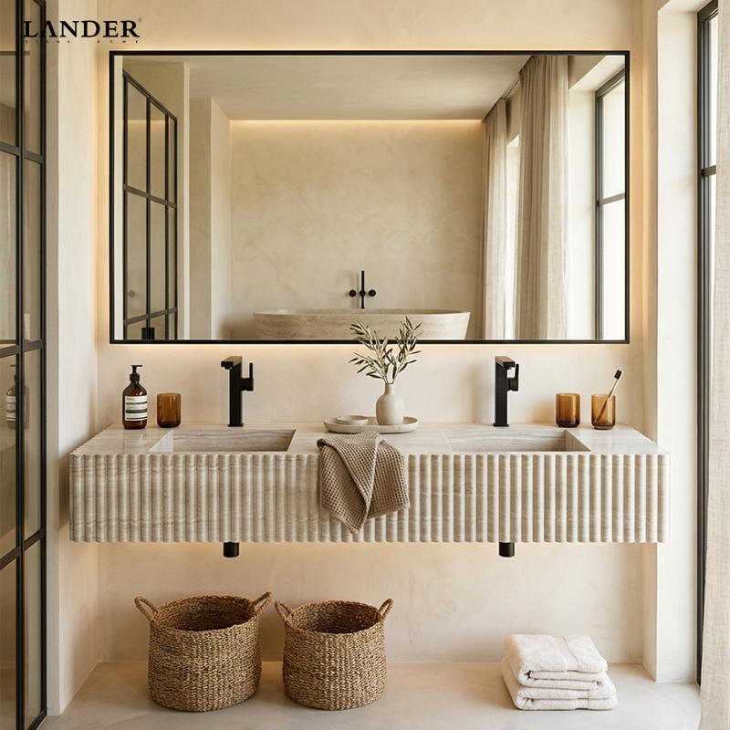Beige Travertine Marble Floating Double Sinks