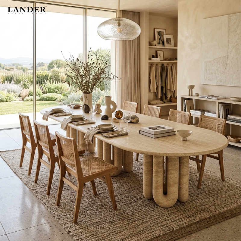 Beige Travertine Oval Marble Dining Table