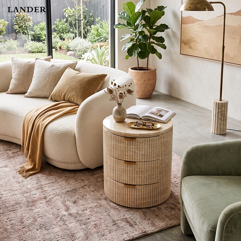 Beige Travertine Side Table With Three Drawers