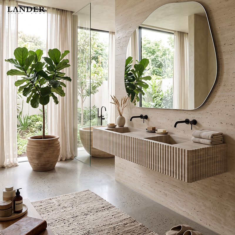Beige Travertine Marble Floating Double Sinks