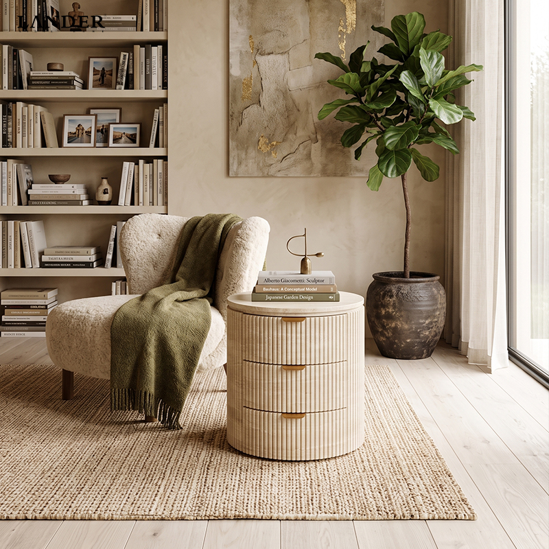 Beige Travertine Side Table With Three Drawers