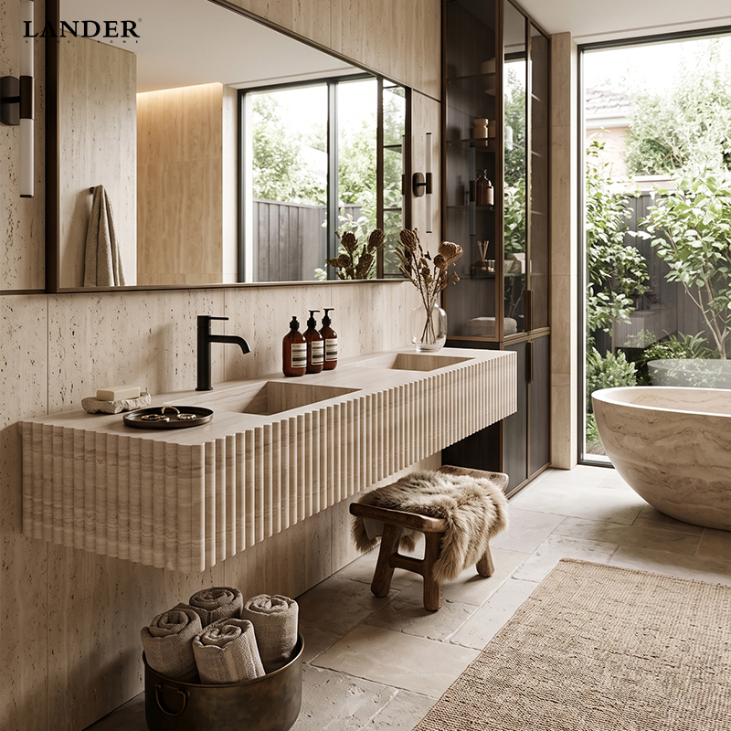 Beige Travertine Marble Floating Double Sinks