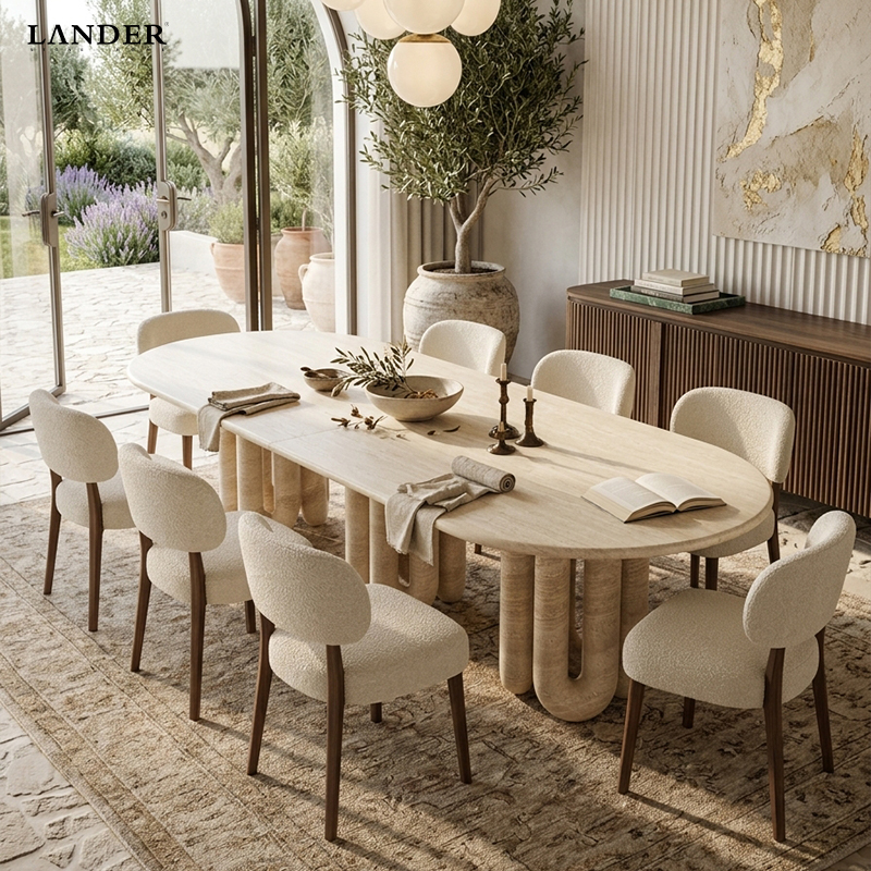 Beige Travertine Oval Marble Dining Table