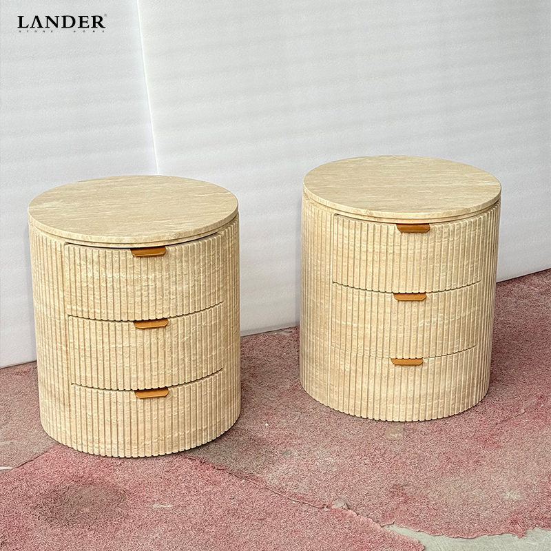 Beige Travertine Side Table With Three Drawers
