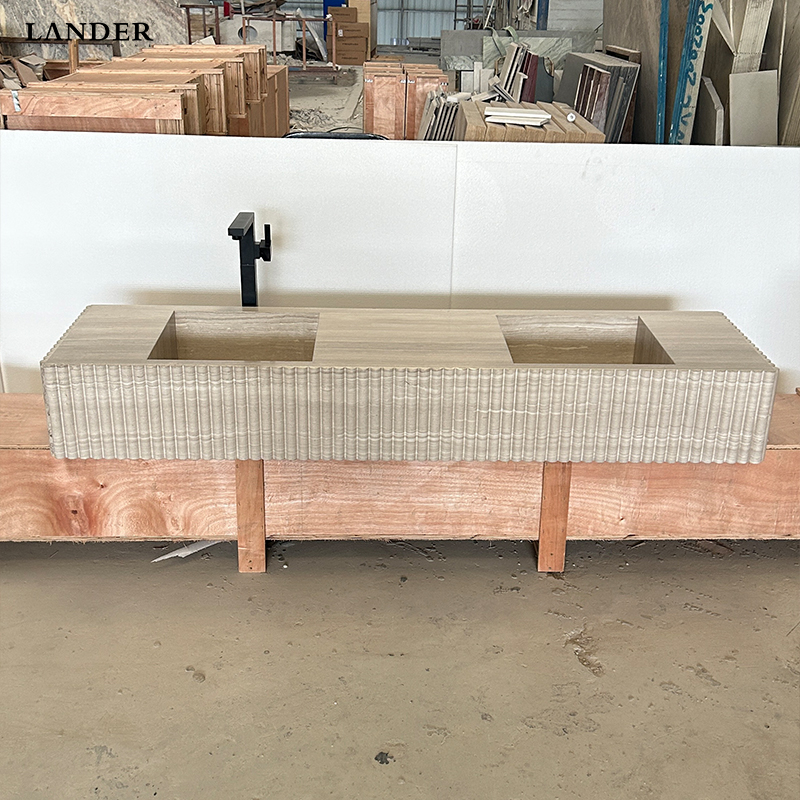 Beige Travertine Marble Floating Double Sinks